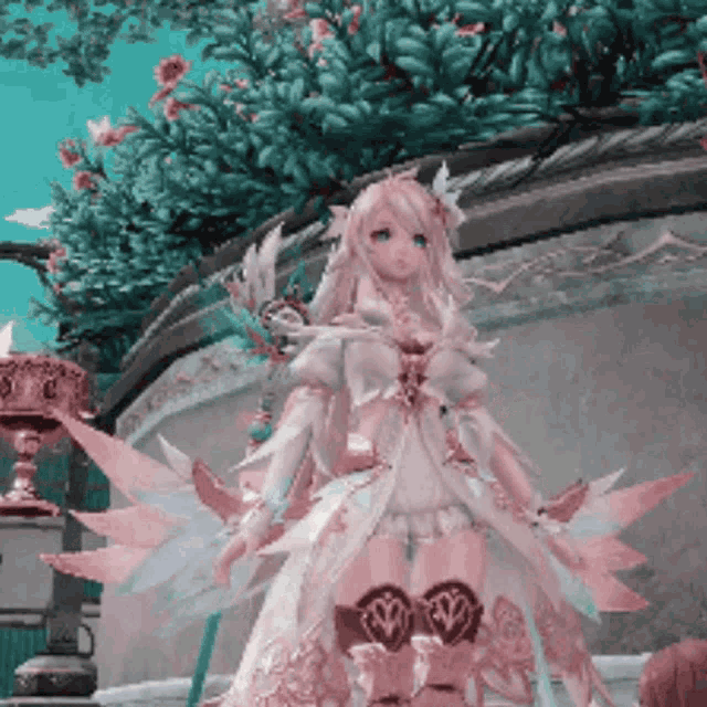 a girl in a white dress with wings is standing in front of a vase