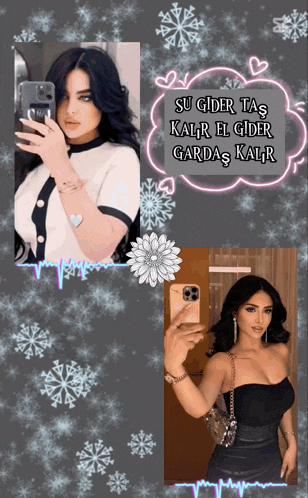 a woman taking a picture of herself with the words su gider tas kalir el gider garda kalir
