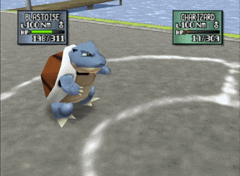 a video game screen shows blastoise and charizard fighting each other