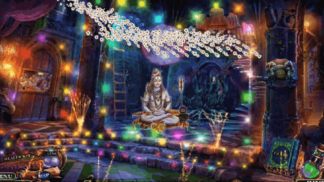 a screenshot of a video game shows a statue of shiva in a lotus position