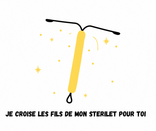 a drawing of a yellow t with the words je croise les fils de mon sterilet pour toi