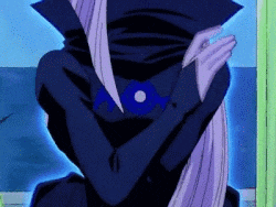a cartoon character with long purple hair is covering her face with her hands