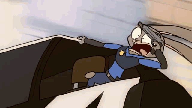 a cartoon of a police officer holding a gun in a car
