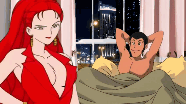 a cartoon of a man and a woman in front of a window with the word la plaza on it