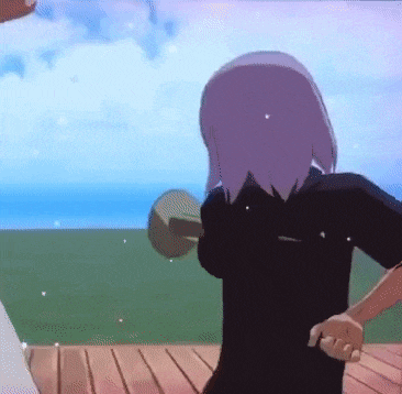 a cartoon girl with purple hair is standing on a wooden deck