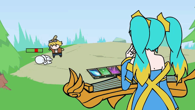 a cartoon of a girl playing a video game with a green bar behind her