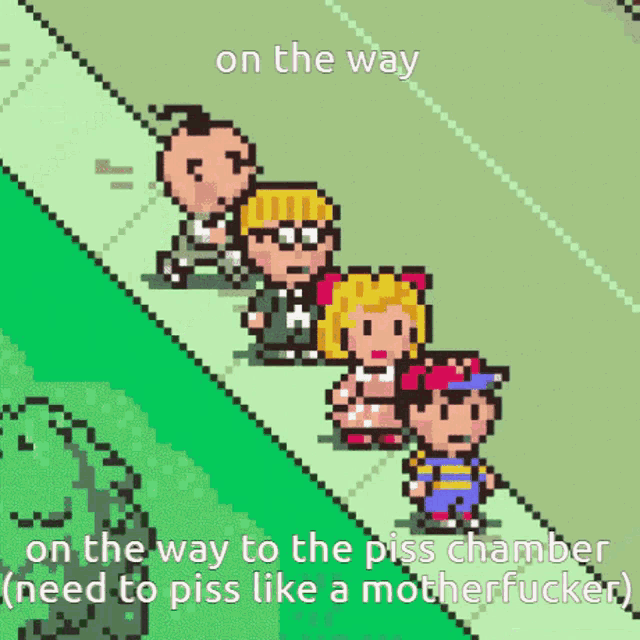 a pixel art drawing of a group of people with the words on the way on the way to the piss chamber