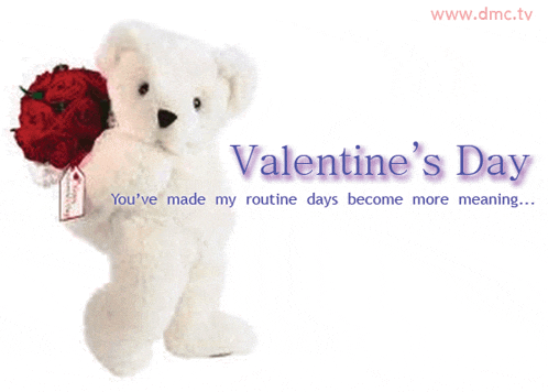 a white teddy bear is holding a bouquet of red roses with valentine 's day written above it