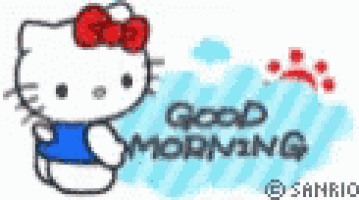 hello kitty is wearing a blue shirt and a red bow on her head .