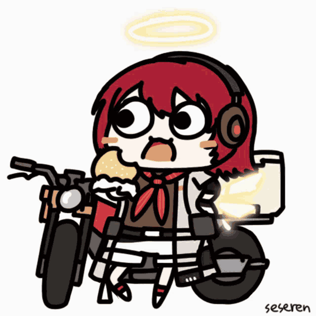 a cartoon drawing of a girl riding a motorcycle and eating a hamburger