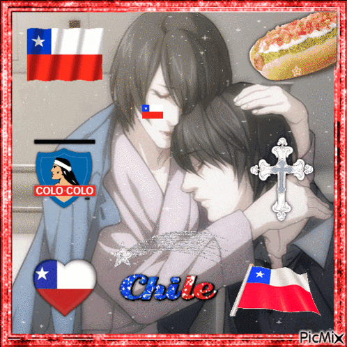 a picture of two people hugging with the word chile in the middle