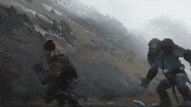 a painting of a man and a monster fighting in the mountains