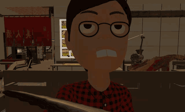 a cartoon character holding a knife in front of a sign that says ' pizza ' on it