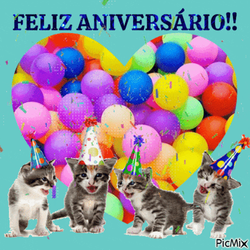 four kittens wearing party hats are in front of a heart of balloons