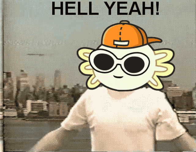 a cartoon character wearing sunglasses and an orange hat with the words hell yeah above him