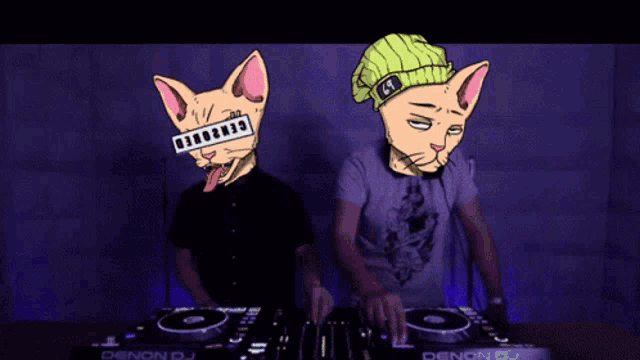 two cartoon cats are playing music on a denon dj mixer
