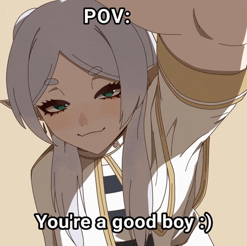 a picture of a girl with the caption " pov : you 're a good boy :) "