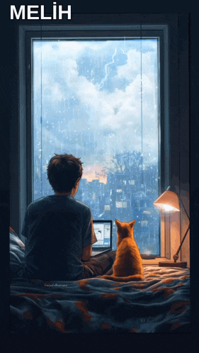 a man sits on a bed with a laptop and a cat looking out a window with the word melih written above him