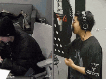 a man wearing headphones and a shirt that says " love me harder "