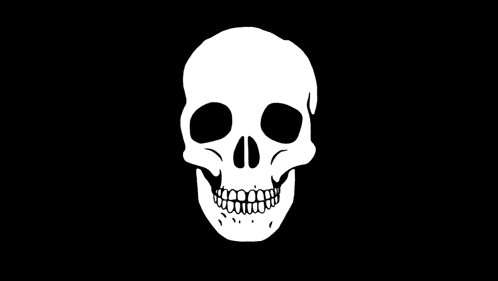 a black and white drawing of a skull with teeth on a black background .