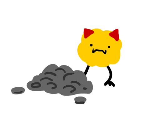 a cartoon drawing of a yellow chicken carrying a large black rock