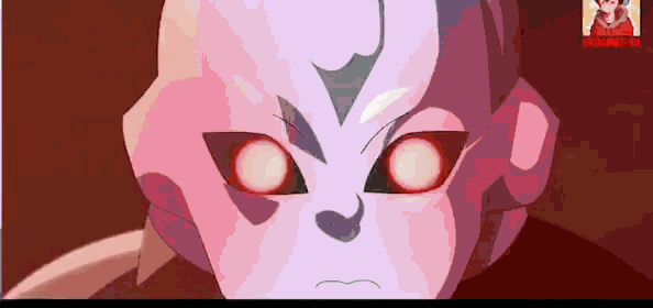 a cartoon character with red eyes and a purple face