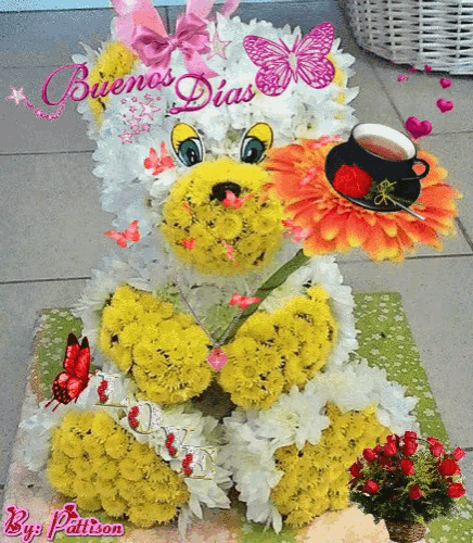 a teddy bear made of yellow and white flowers with a cup of tea on its head