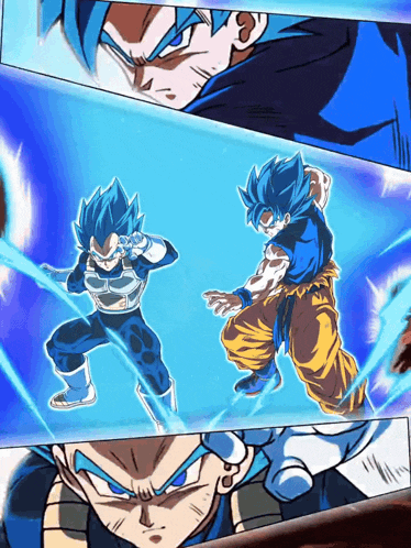 a cartoon of goku and vegeta fighting with a blue background