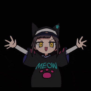 a girl wearing a shirt that says meow on it
