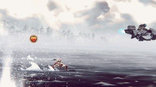 a video game shows a person riding a jet ski in the ocean