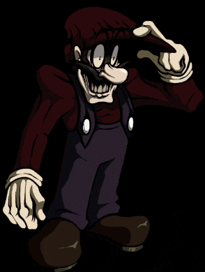 a cartoon character with overalls and a hat is making a funny face