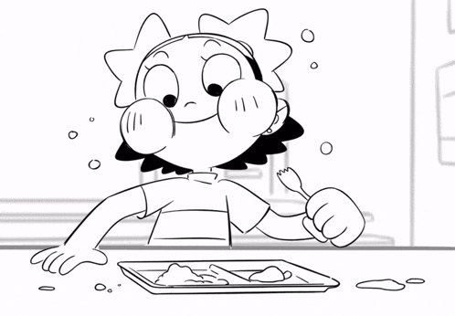 a black and white drawing of a person with a tray of food in front of them