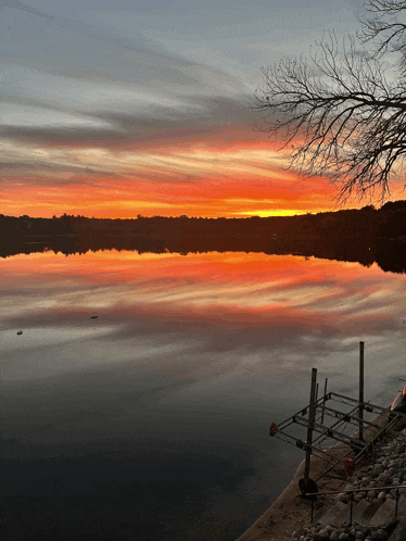 a sunset over a lake with a dock and a tree in the foreground