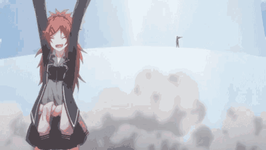a girl with red hair is standing in the snow with her arms up