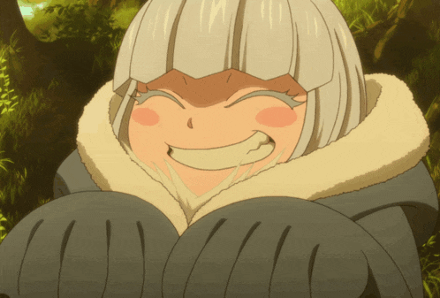 a cartoon character with white hair and a furry hood smiles