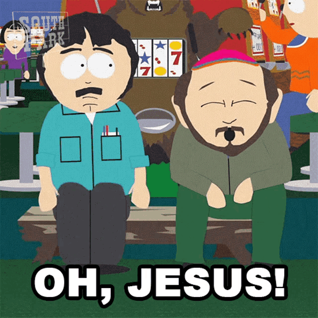 two cartoon characters sitting on a bench with the words oh jesus on the bottom