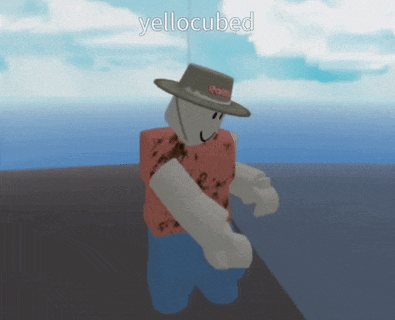 a roblox character wearing a hat with the name yellowcubed written on the bottom