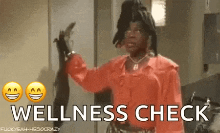 a woman in a red shirt is holding a black cat and the words `` wellness check '' are behind her .