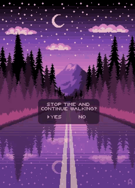a pixel art of a mountain and trees with a stop time and continue walking sign