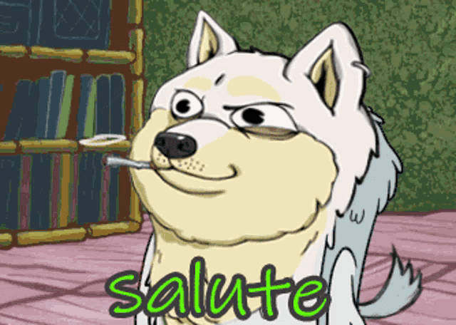 a cartoon dog says salute in green