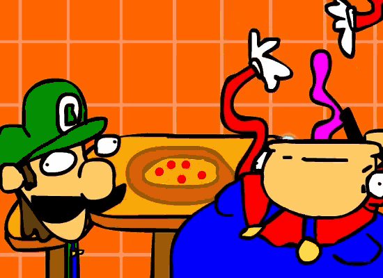a cartoon of luigi and doctor strange eating a pizza