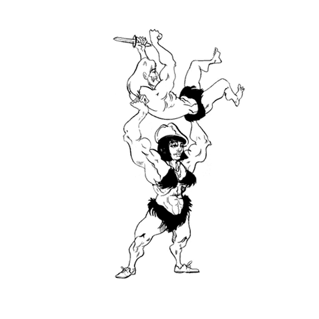 a black and white drawing of a man holding another man upside down .