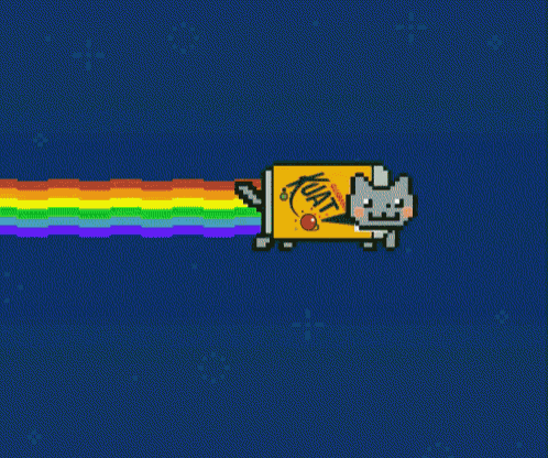 a pixel art drawing of a room with a cat and a rainbow
