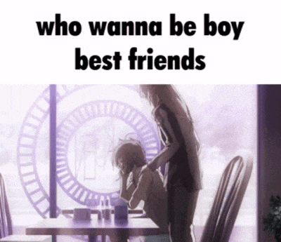 a woman standing next to a boy sitting at a table with the words who wanna be boy best friends