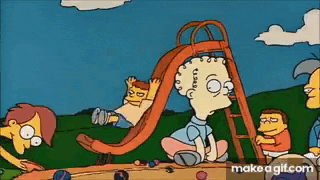 a cartoon of bart simpson sitting on a slide surrounded by other children .