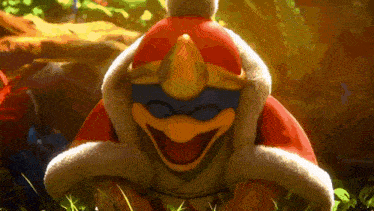 a cartoon character is sitting in the grass with its mouth open