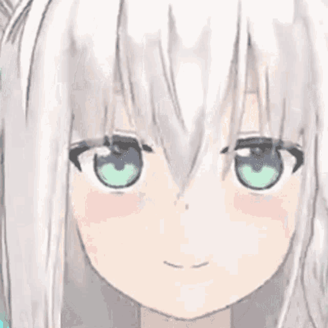 a close up of a anime girl with white hair and green eyes making a funny face .