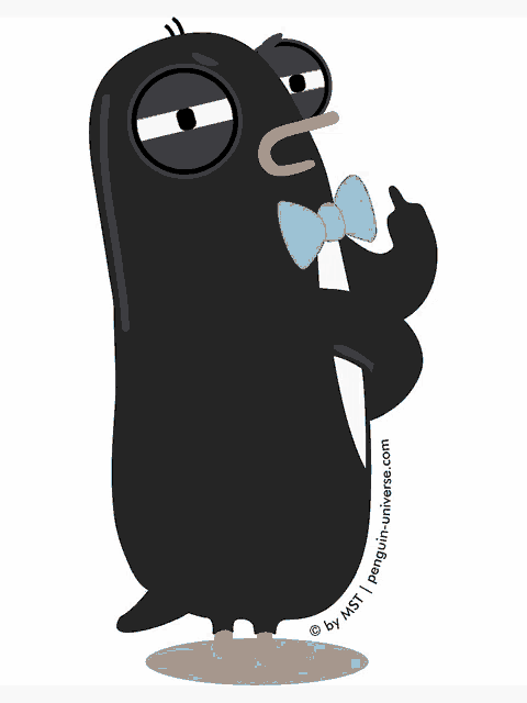 a black penguin with a blue bow tie and the website penguin-universe.com on the bottom