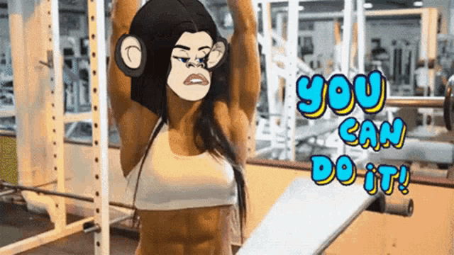 a woman lifting a barbell in a gym with the words you can do it behind her