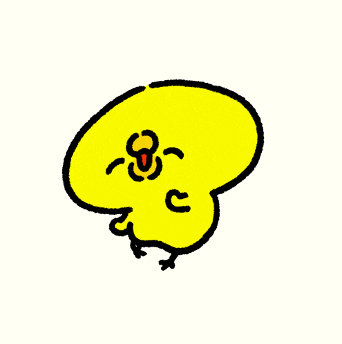 a cartoon drawing of a yellow chicken with a red tongue sticking out